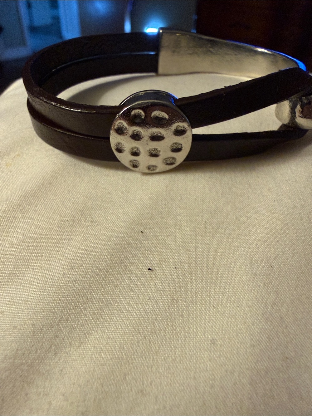 Double-Strap Brown Leather Bracelet with Silver Dot Accent